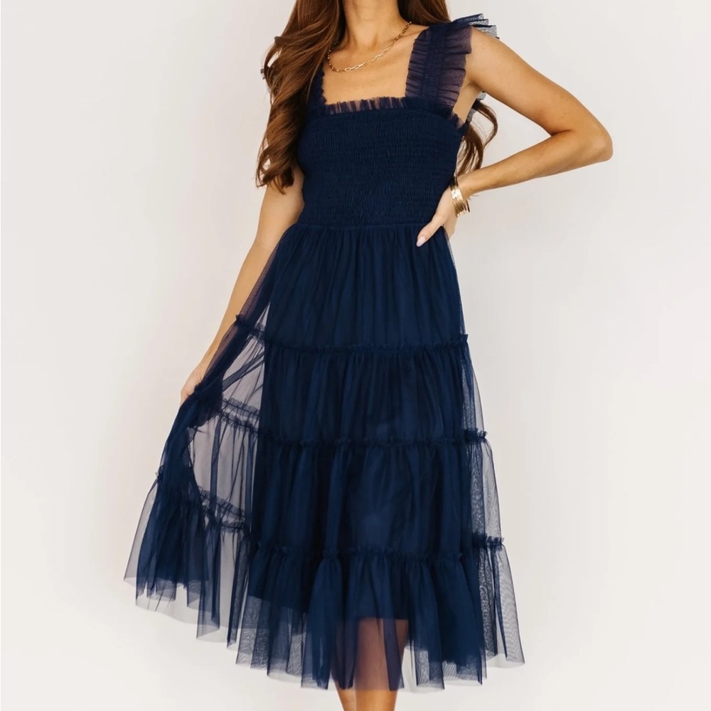 Baltic Born Elegant Navy Blue Strapless Maxi Dress